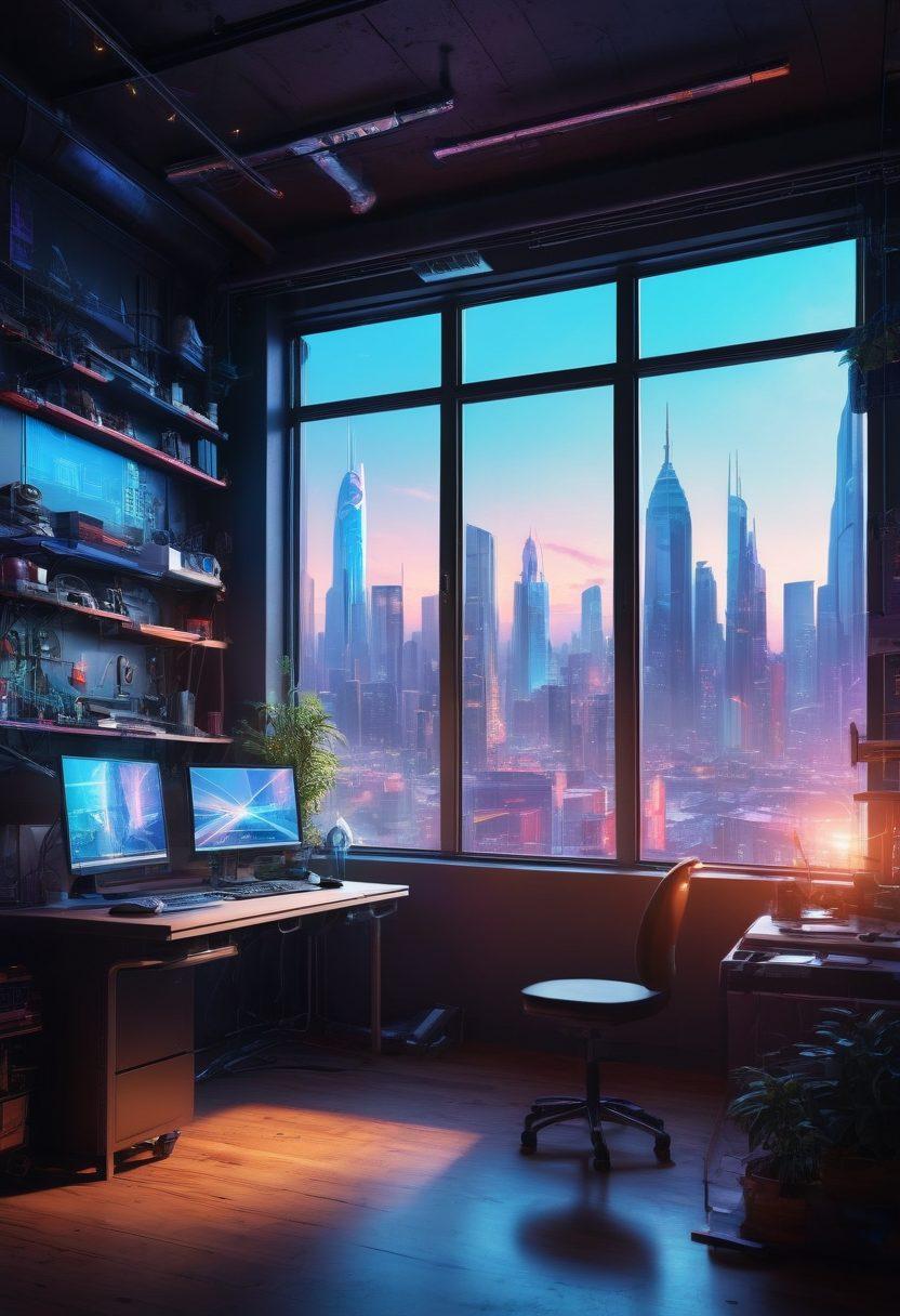 A futuristic workshop filled with high-tech gadgets and blueprints, where an inventor passionately brings their imaginative ideas to life. Vibrant colors showcase tools alongside glowing holograms of inventive designs. The background features a large window revealing a bright city skyline, symbolizing a world full of possibilities. The scene should evoke a sense of innovation and creativity bursting with potential. cyberpunk. vibrant colors. 3D.