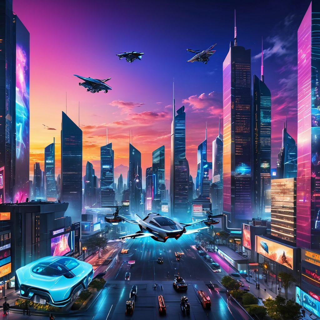 A futuristic city skyline with innovative architecture featuring holographic advertisements and flying vehicles. In the foreground, diverse individuals collaborate using advanced technology tools, symbolizing creativity and innovation. Bright colors highlight the energy of progress, with digital screens displaying disruptive technologies like AI, robotics, and renewable energy. A dynamic sky transitions from day to night, representing continuous evolution. cyberpunk. vibrant colors. super-realistic.