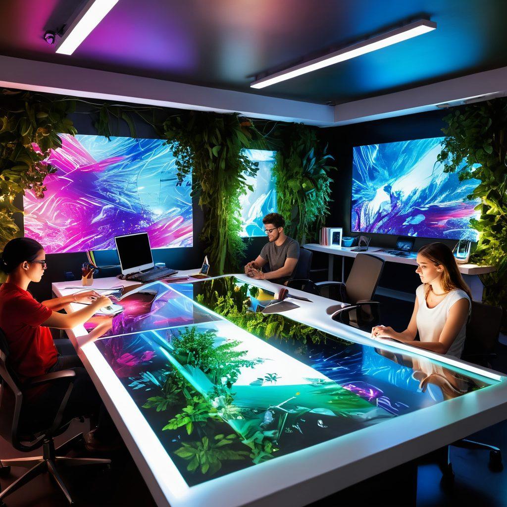 A futuristic design workspace filled with innovative tech gadgets, colorful sketches, and digital screens displaying creative concepts. Bright light beams cutting through a sleek, modern room with lush greenery and vibrant art pieces. A diverse group of designers brainstorming around a holographic table, showcasing their imaginative ideas. Elements of technology and nature harmoniously intertwined, representing the future of design and creativity. super-realistic. vibrant colors. 3D.